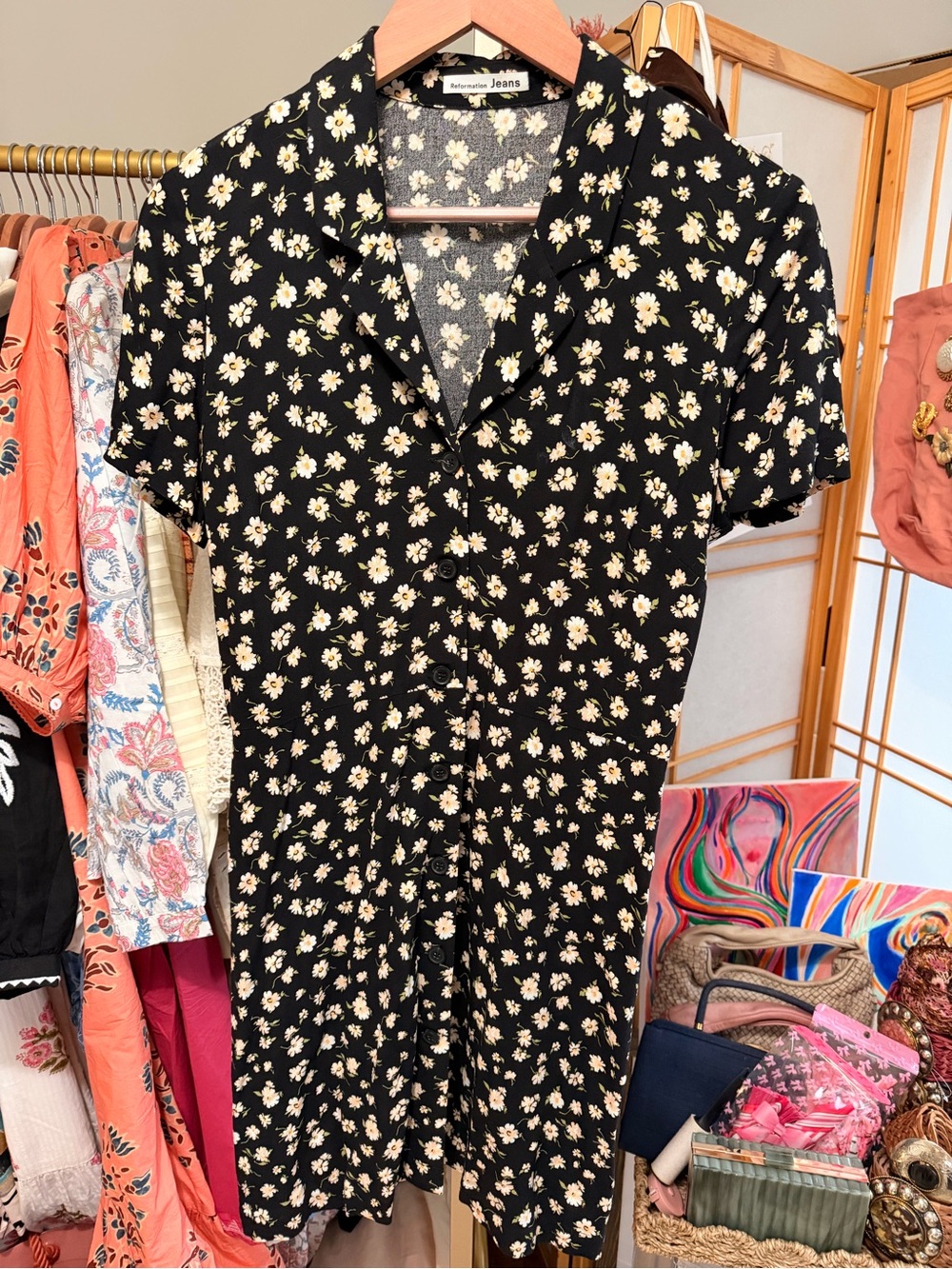 Reformation Jeans Black Daisy Floral Button Front Mini Dress Size M
